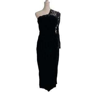 Jessica McClintock Black Velvet Beaded Lace One Sleeve Formal Midi Gown (Size S)
